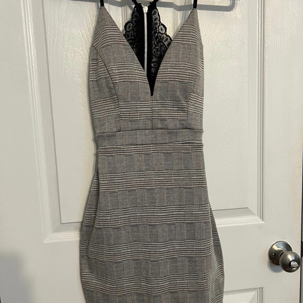 Honey and Rosie Black and Gray Checkered Backless Dress